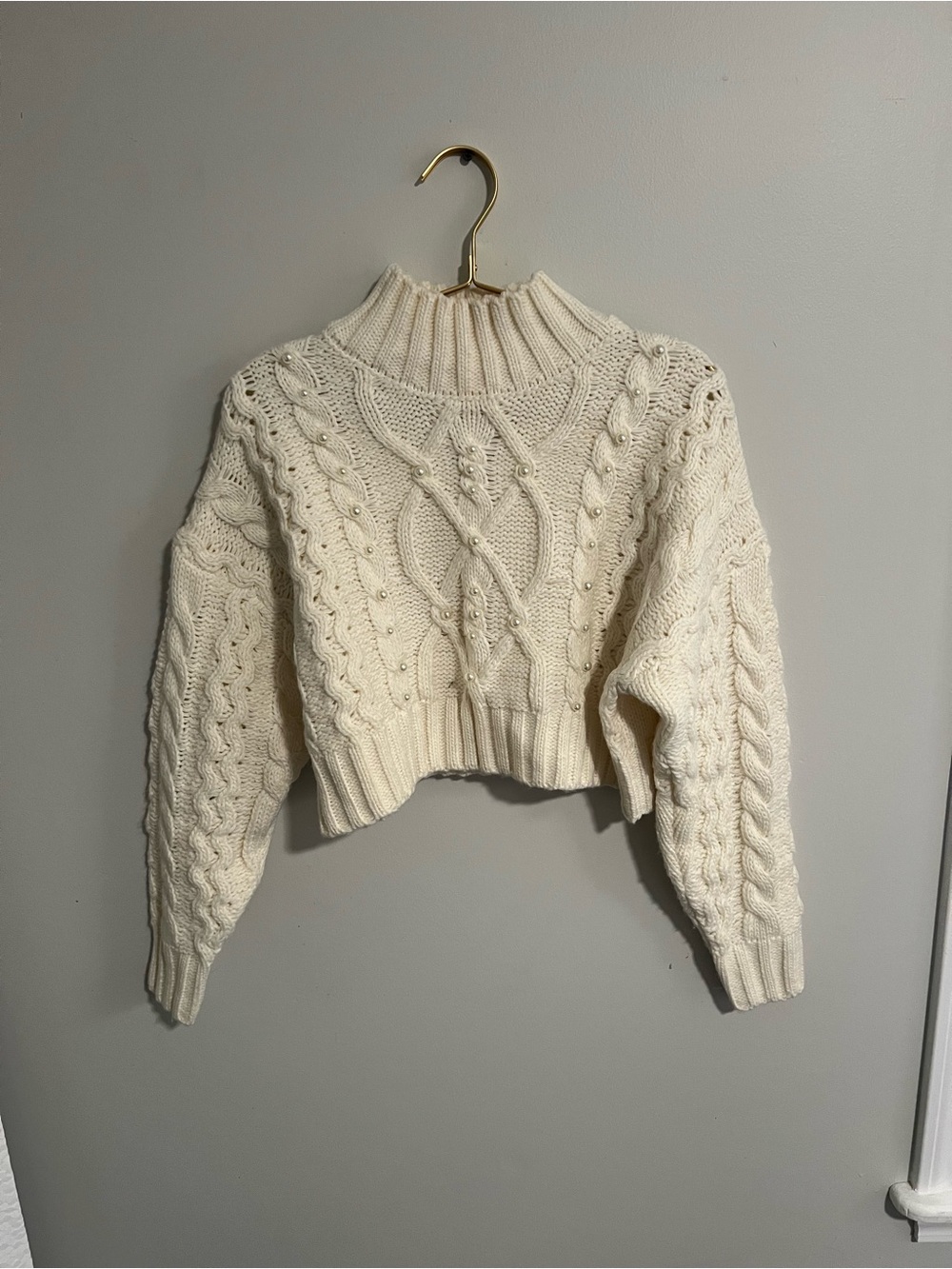 She Sky Size Cropped Cream Cable-Knit Turtleneck Sweater with Pearl Detail
